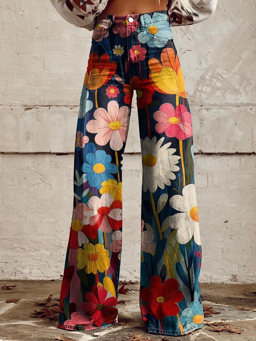 High-waist wide-leg floral pants with multicolor flower print