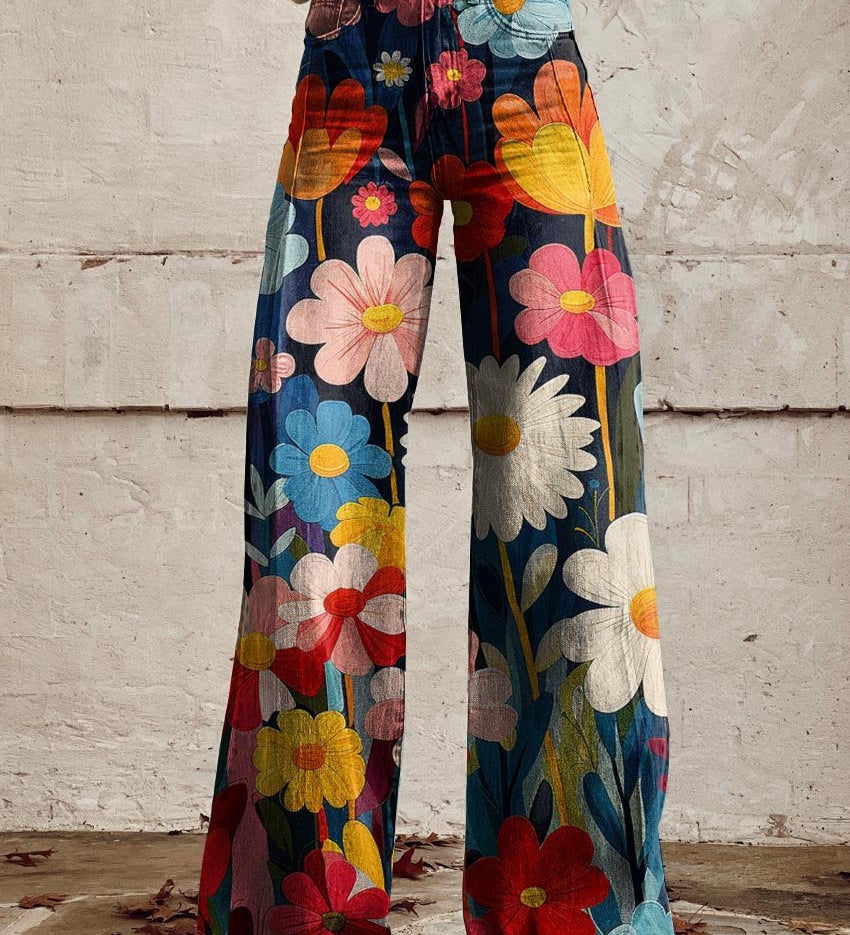 High-waist wide-leg floral pants with multicolor flower print