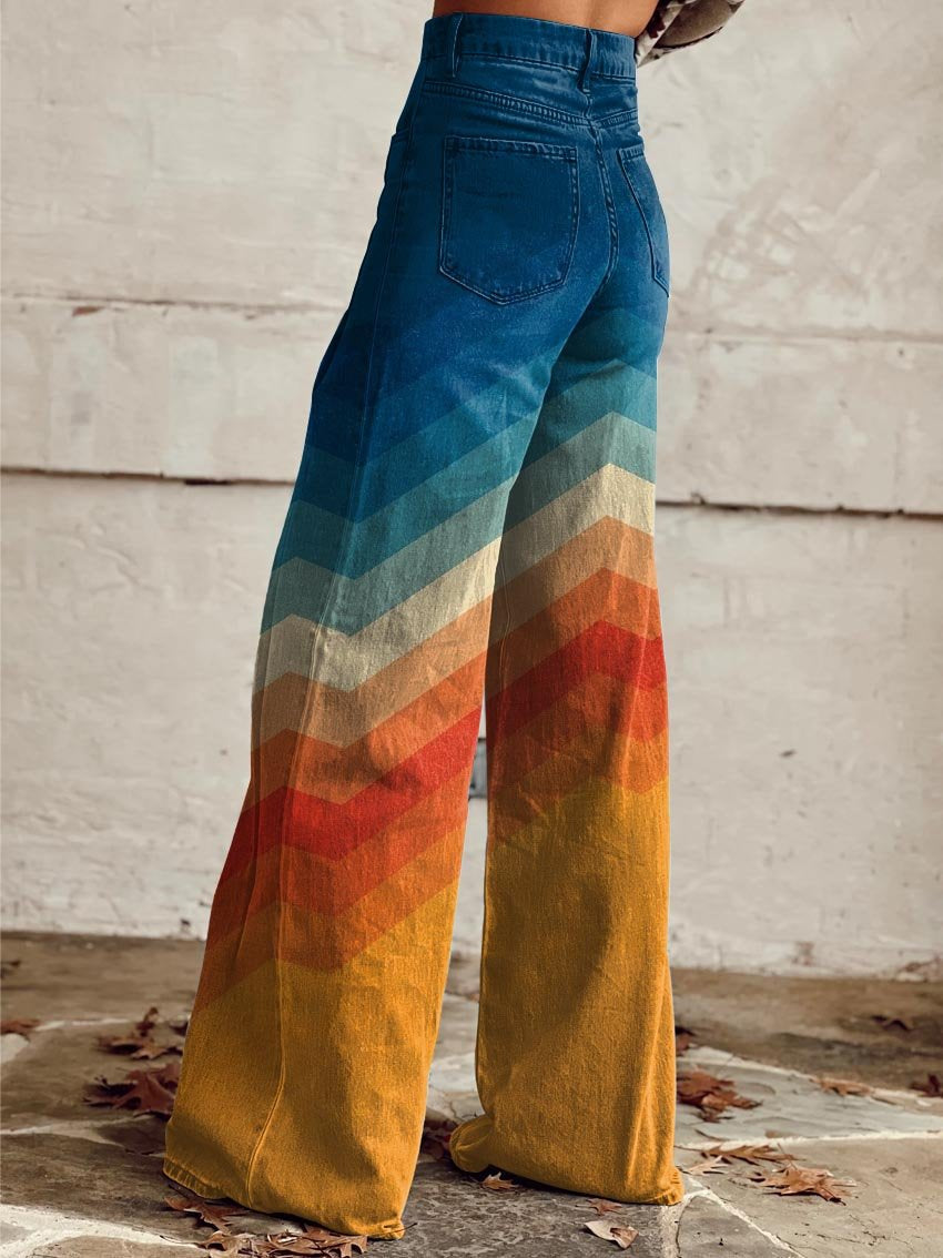 Boho wide-leg pants in dark denim with multicolor chevron side stripe