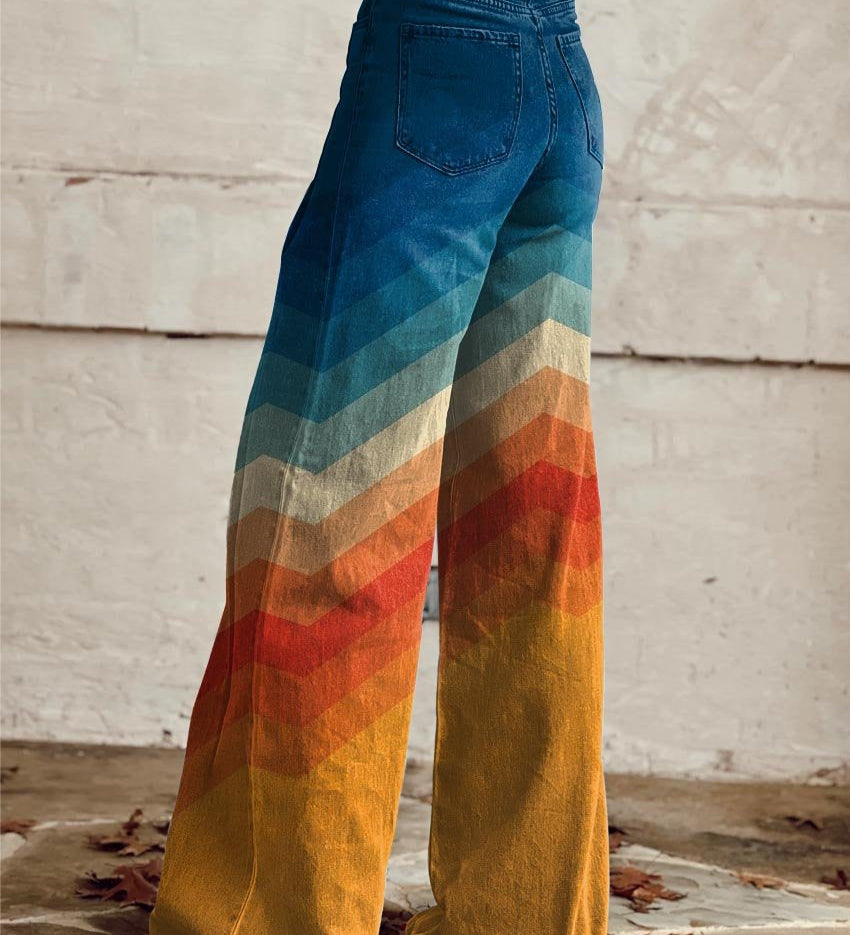 Boho wide-leg pants in dark denim with multicolor chevron side stripe
