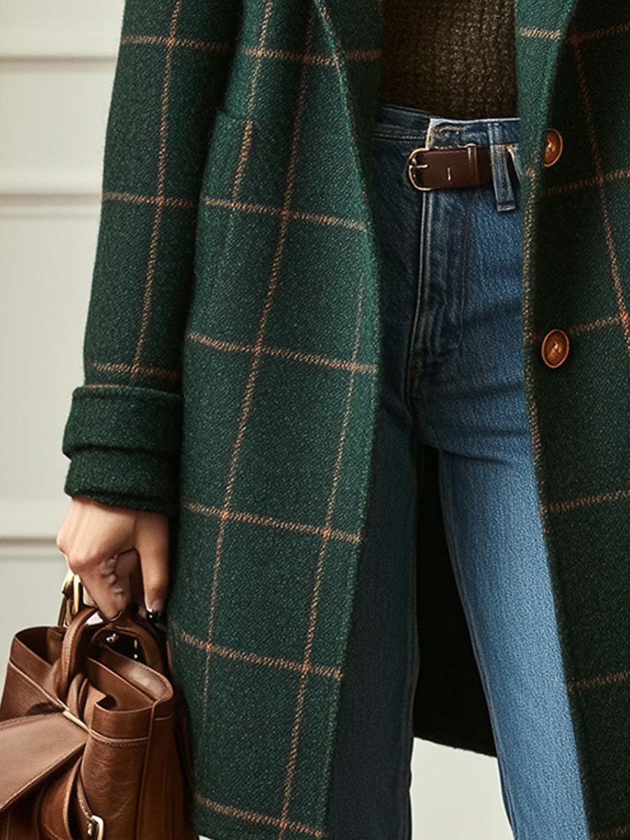 Dark green plaid tweed coat sleeve with rolled cuff and front pocket