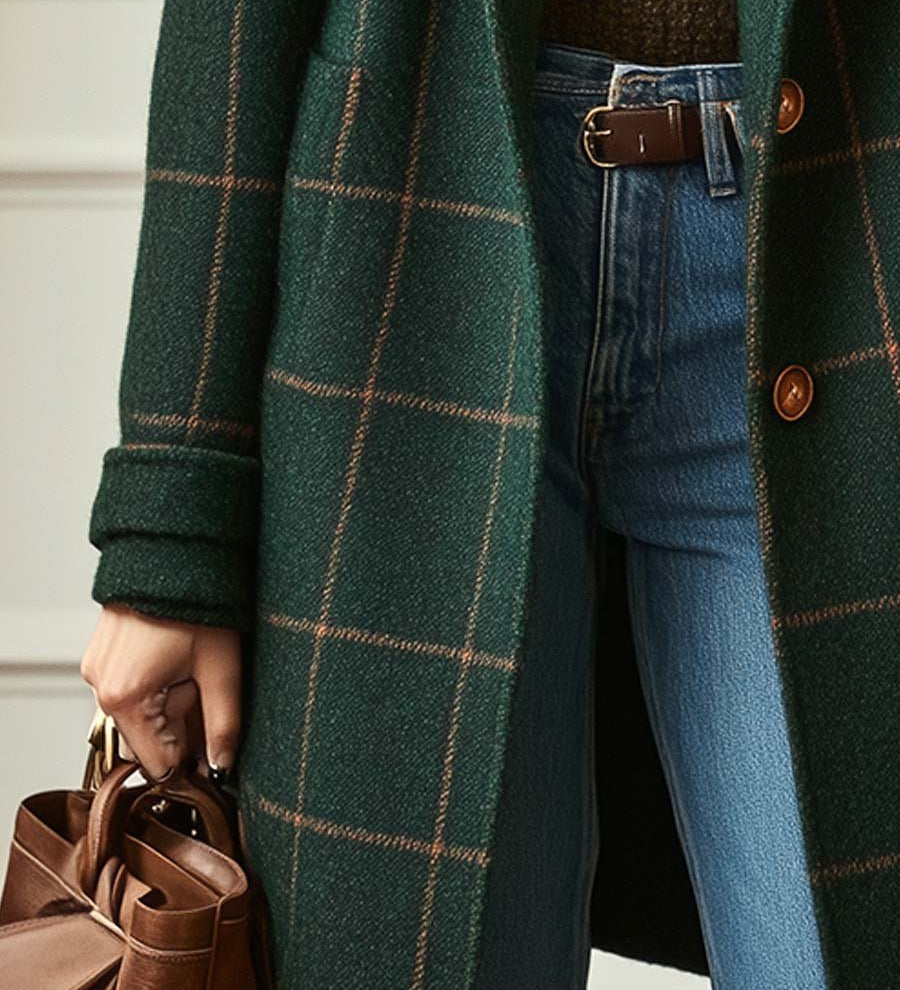 Dark green plaid tweed coat sleeve with rolled cuff and front pocket