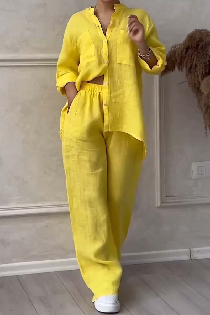 Yellow button-front shirt and drawstring waist wide-leg pants set