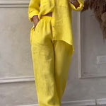Yellow button-front shirt and drawstring waist wide-leg pants set