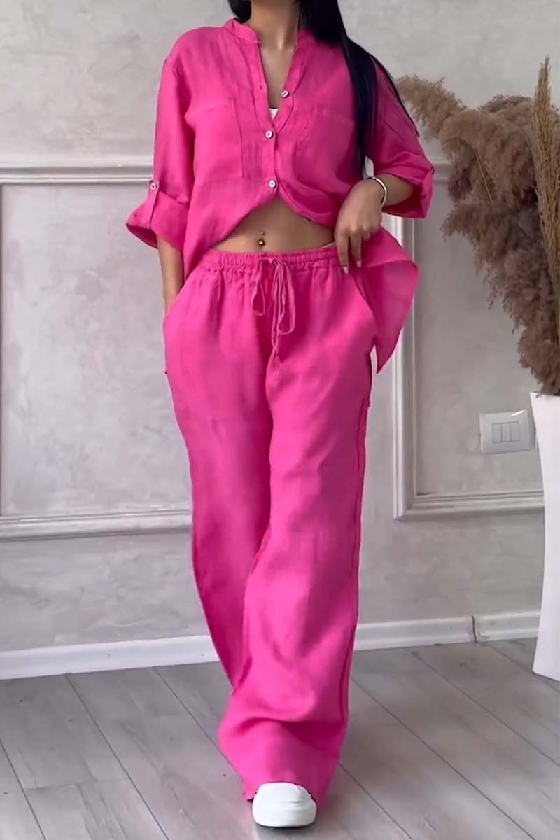 Fuchsia linen-cotton shirt and wide-leg pants set with button front and drawstring waist