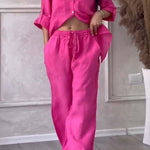 Fuchsia linen-cotton shirt and wide-leg pants set with button front and drawstring waist