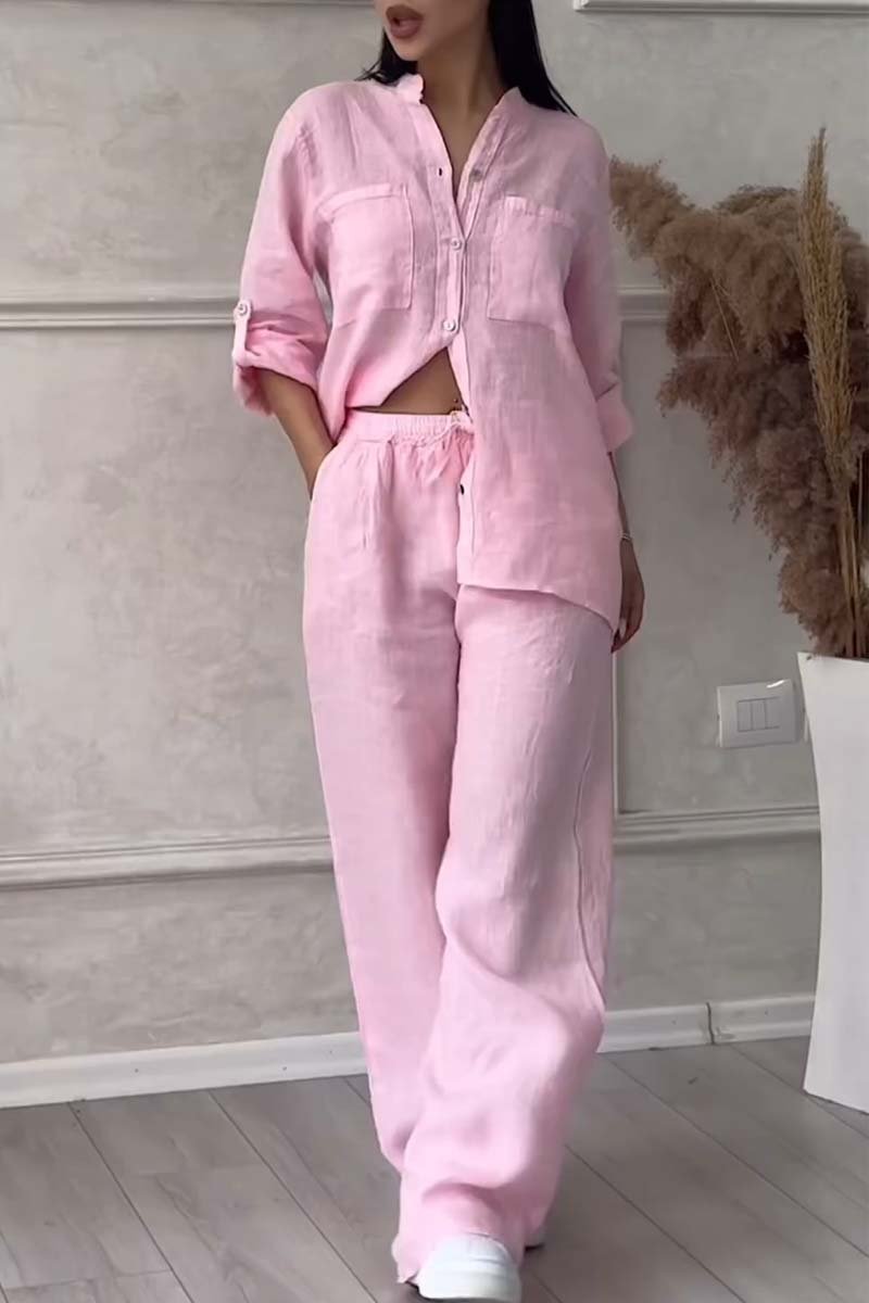 Pink linen-cotton shirt and wide-leg pants set with button placket and drawstring waist