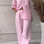 Pink linen-cotton shirt and wide-leg pants set with button placket and drawstring waist