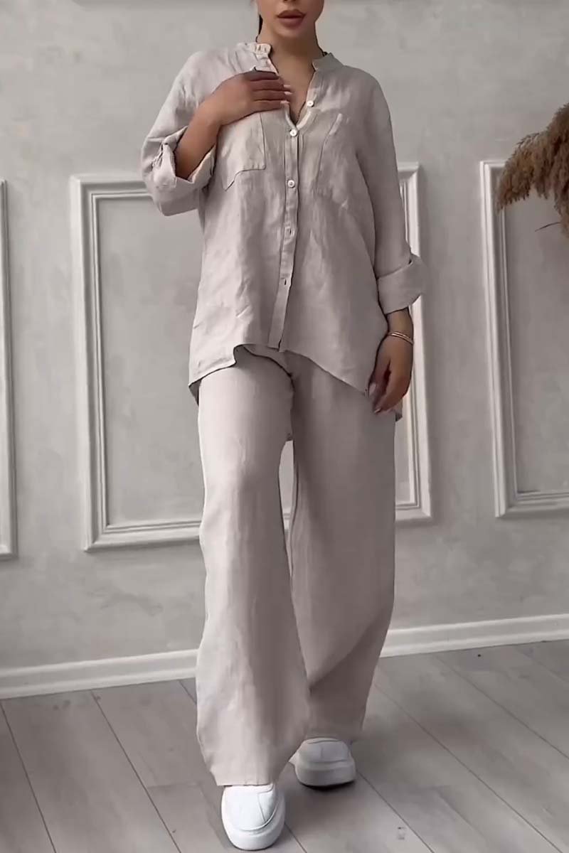 Cream button-front shirt and wide-leg pants set with drawstring waist