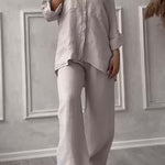 Cream button-front shirt and wide-leg pants set with drawstring waist