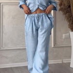 Light blue button-front shirt and drawstring waist wide-leg pants set