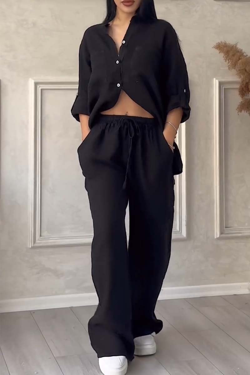Black button-front shirt and elastic waist wide-leg pants set, full-body view