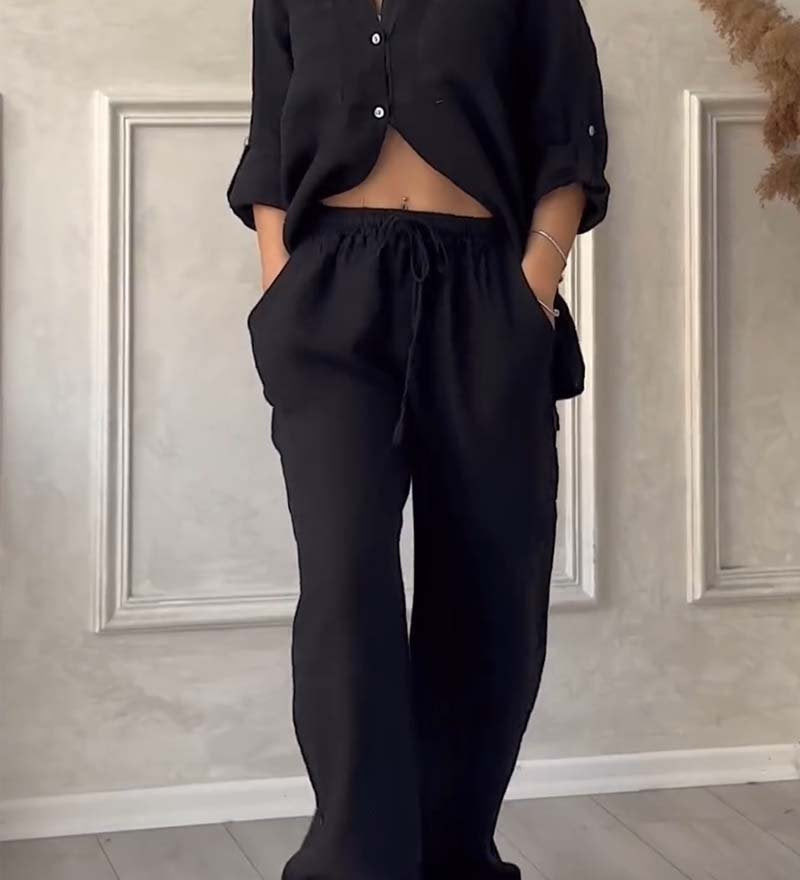 Black button-front shirt and elastic waist wide-leg pants set, full-body view
