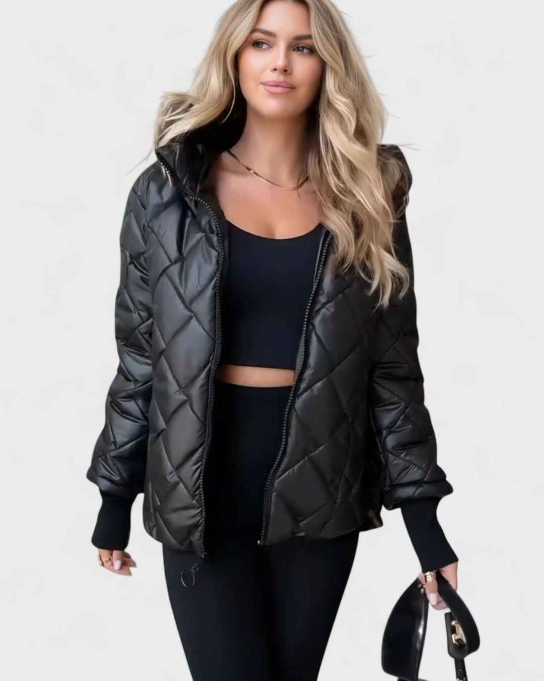 Ema black quilted puffer jacket with full zip and hood, ribbed cuffs