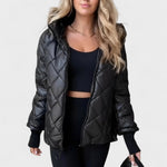 Ema black quilted puffer jacket with full zip and hood, ribbed cuffs