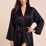 Christy kimono robe in dark leopard print, V-neck, tie belt, long sleeves, side slit