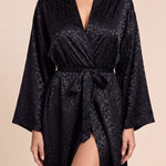 Christy kimono robe, dark leopard print with V-neck and waist tie, long wide sleeves, slit