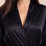 Christy kimono robe close-up, V-neck dark leopard print with tied waist belt
