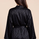 Christy kimono robe back view, dark leopard print, waist tie, long wide sleeves