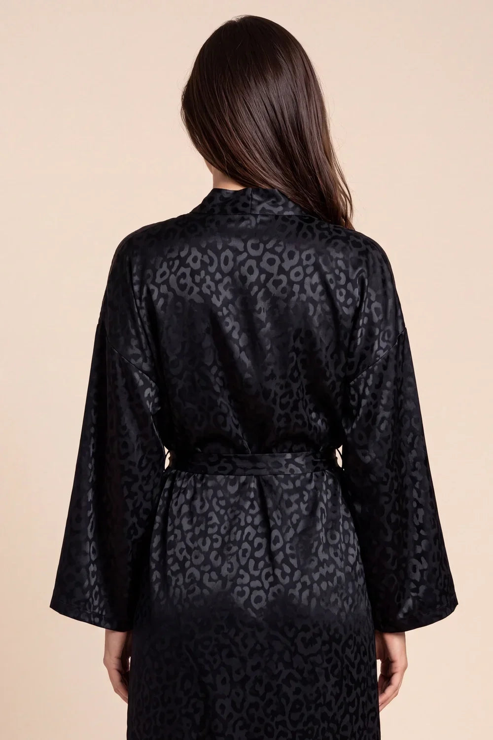 Christy kimono robe back view, dark leopard print, waist tie, long wide sleeves