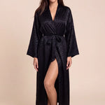 Christy kimono robe front full length, dark leopard print, V-neck tie belt, thigh slit