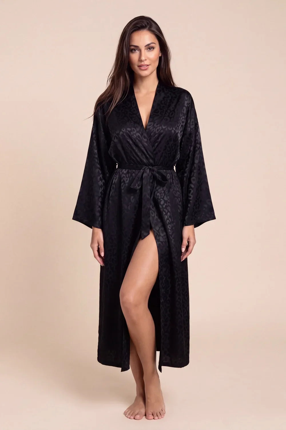 Christy kimono robe front full length, dark leopard print, V-neck tie belt, thigh slit
