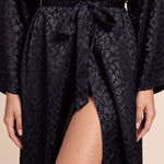 Christy kimono robe belt detail, dark leopard print with gathered tie at waist and slit