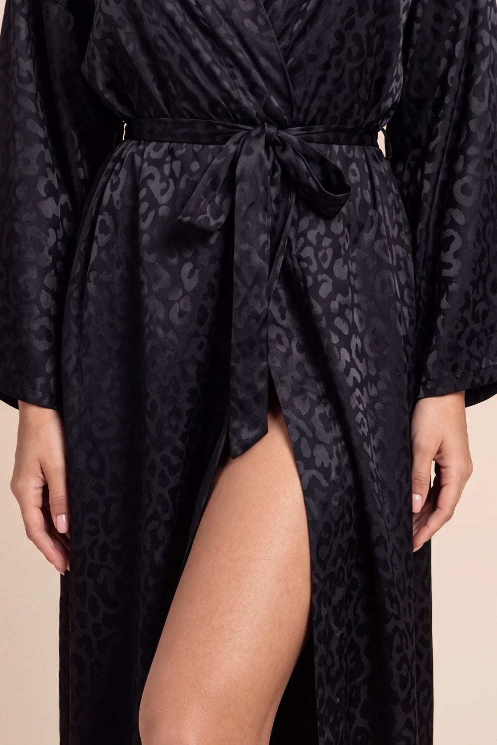 Christy kimono robe belt detail, dark leopard print with gathered tie at waist and slit