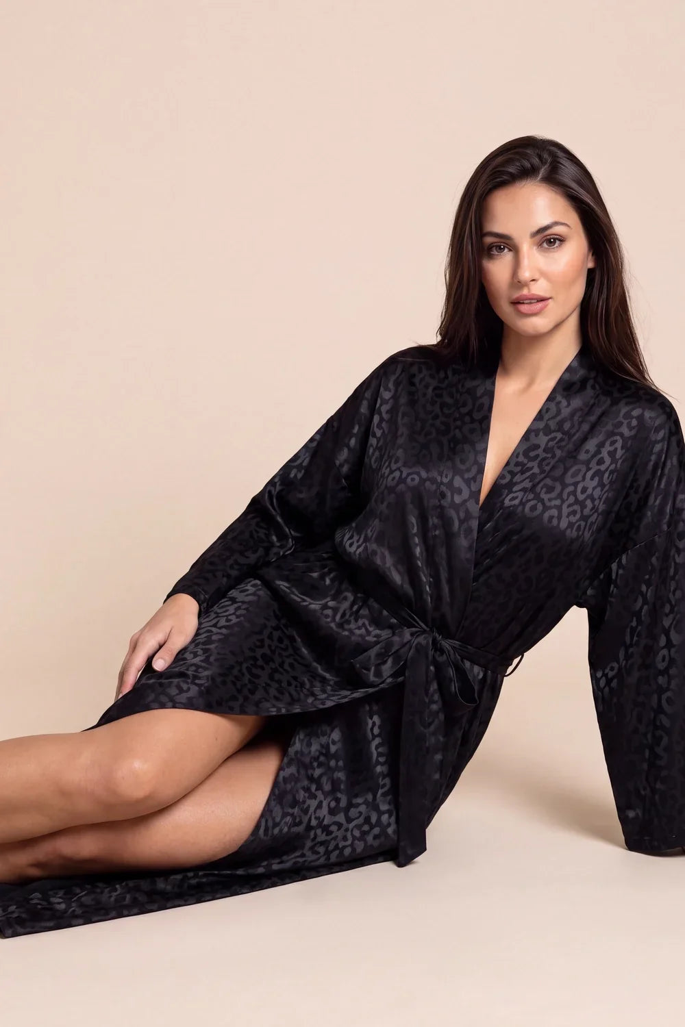 Christy kimono robe in dark leopard print, V-neck, tie belt, flowing long sleeves