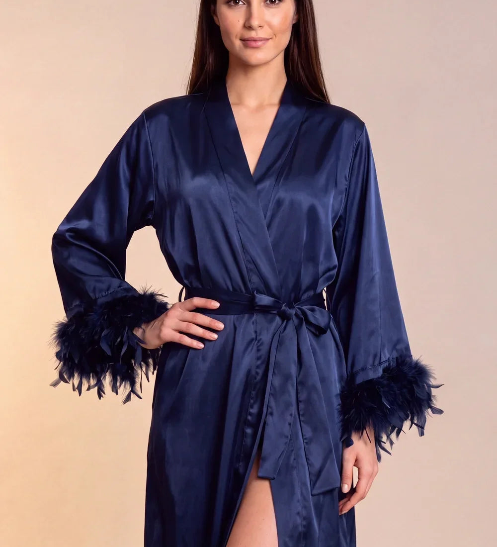 Celiana long satin kimono robe in dark navy, tie belt, feather-trimmed cuffs