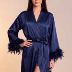 Celiana long satin kimono robe in dark navy, tie belt, feather-trimmed cuffs