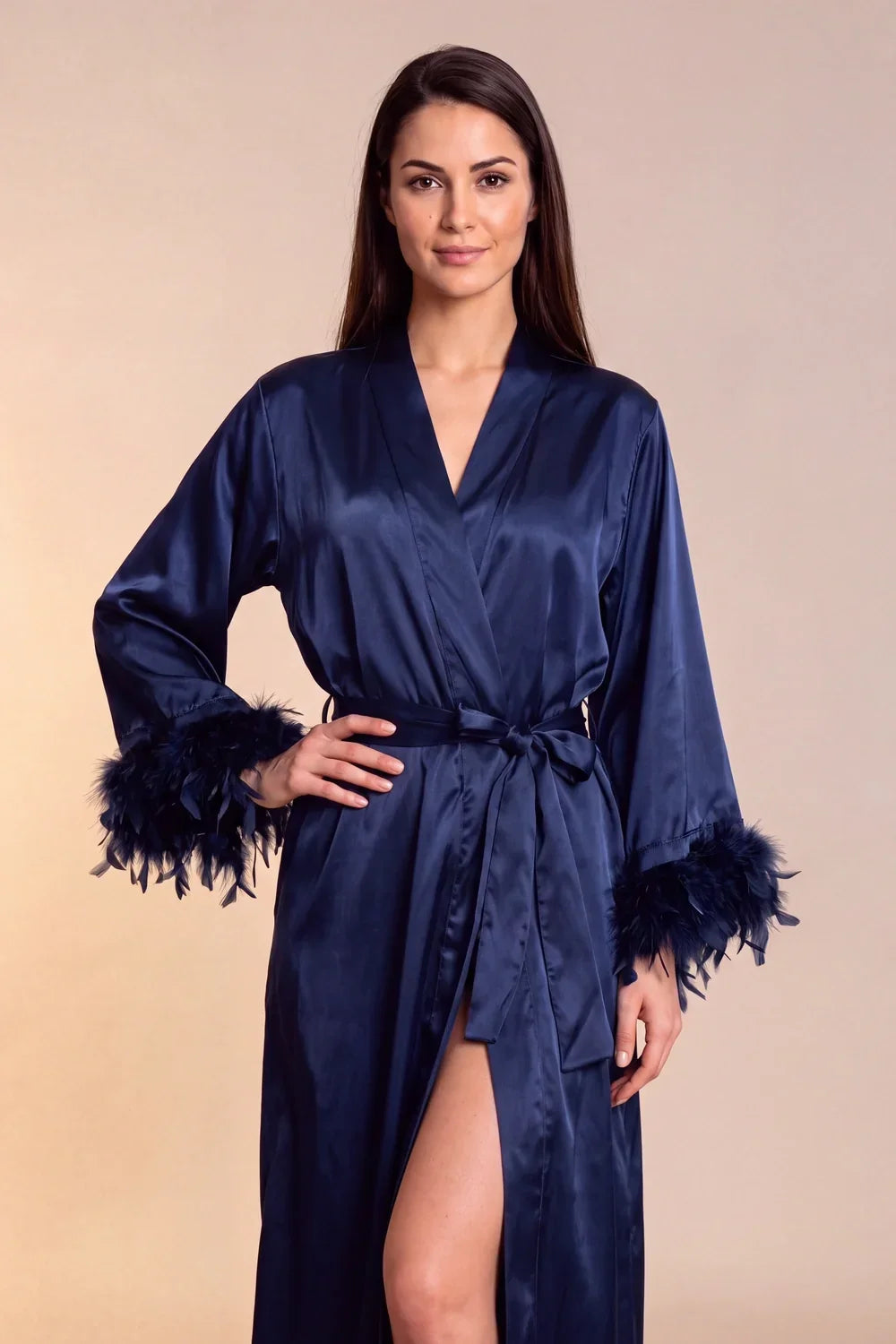 Celiana long satin kimono robe in dark navy, tie belt, feather-trimmed cuffs