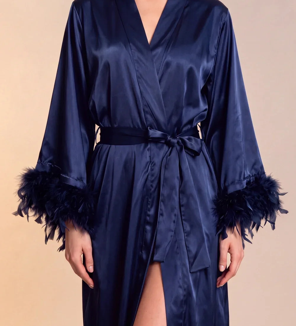 Celiana long satin kimono robe in dark navy with tie belt and feather-trimmed cuffs