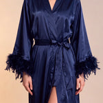 Celiana long satin kimono robe in dark navy with tie belt and feather-trimmed cuffs