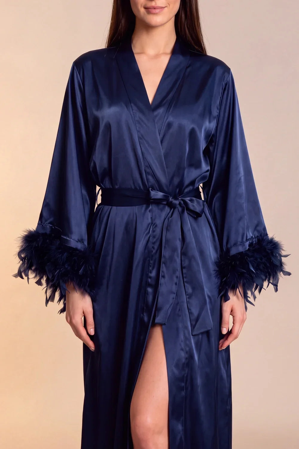 Celiana long satin kimono robe in dark navy with tie belt and feather-trimmed cuffs