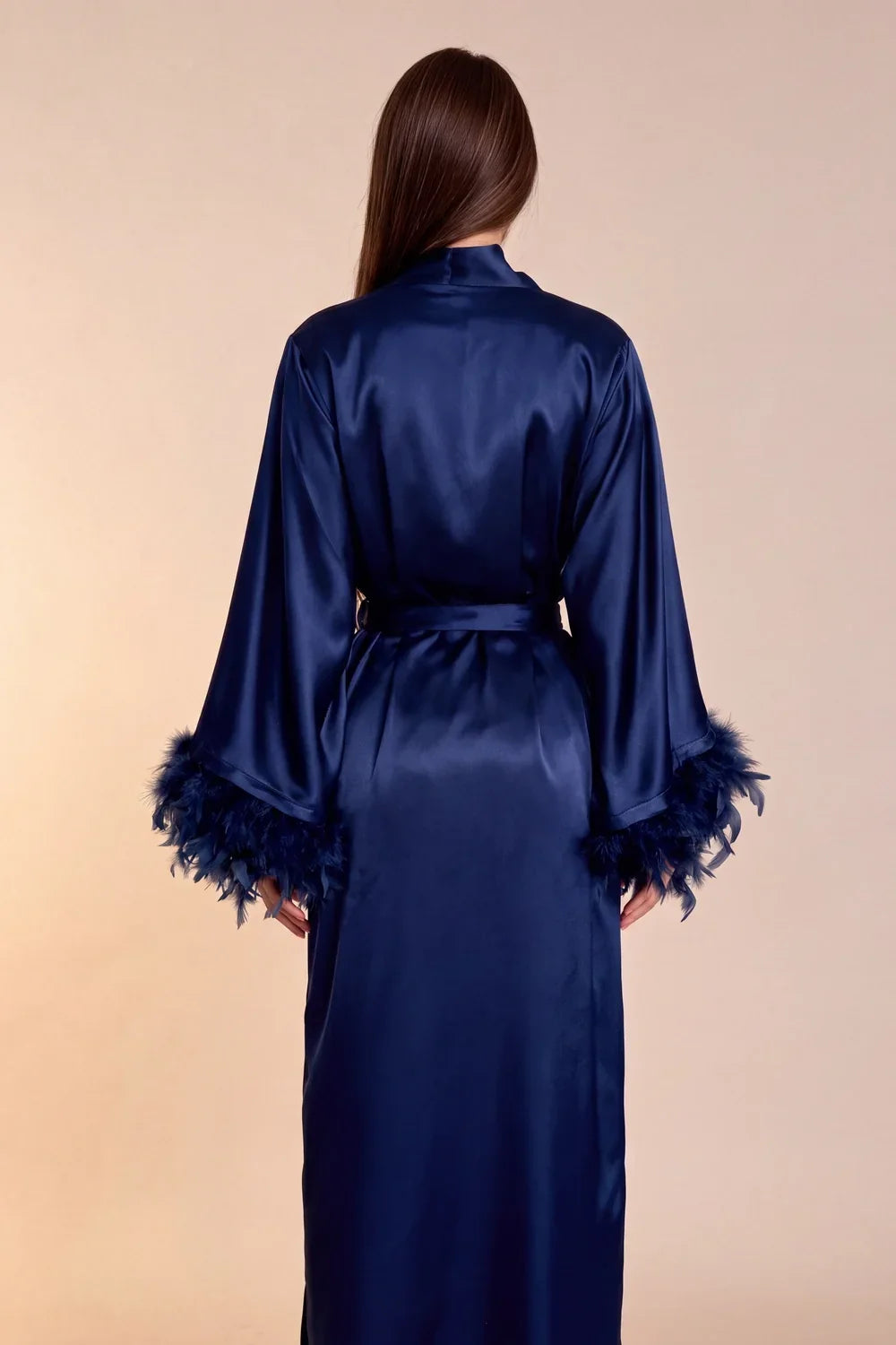 Celiana long satin kimono robe back view, tie belt, feather-trimmed cuffs, dark navy