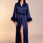 Celiana long satin kimono robe, dark navy satin, tie belt, feather cuffs, thigh-high slit