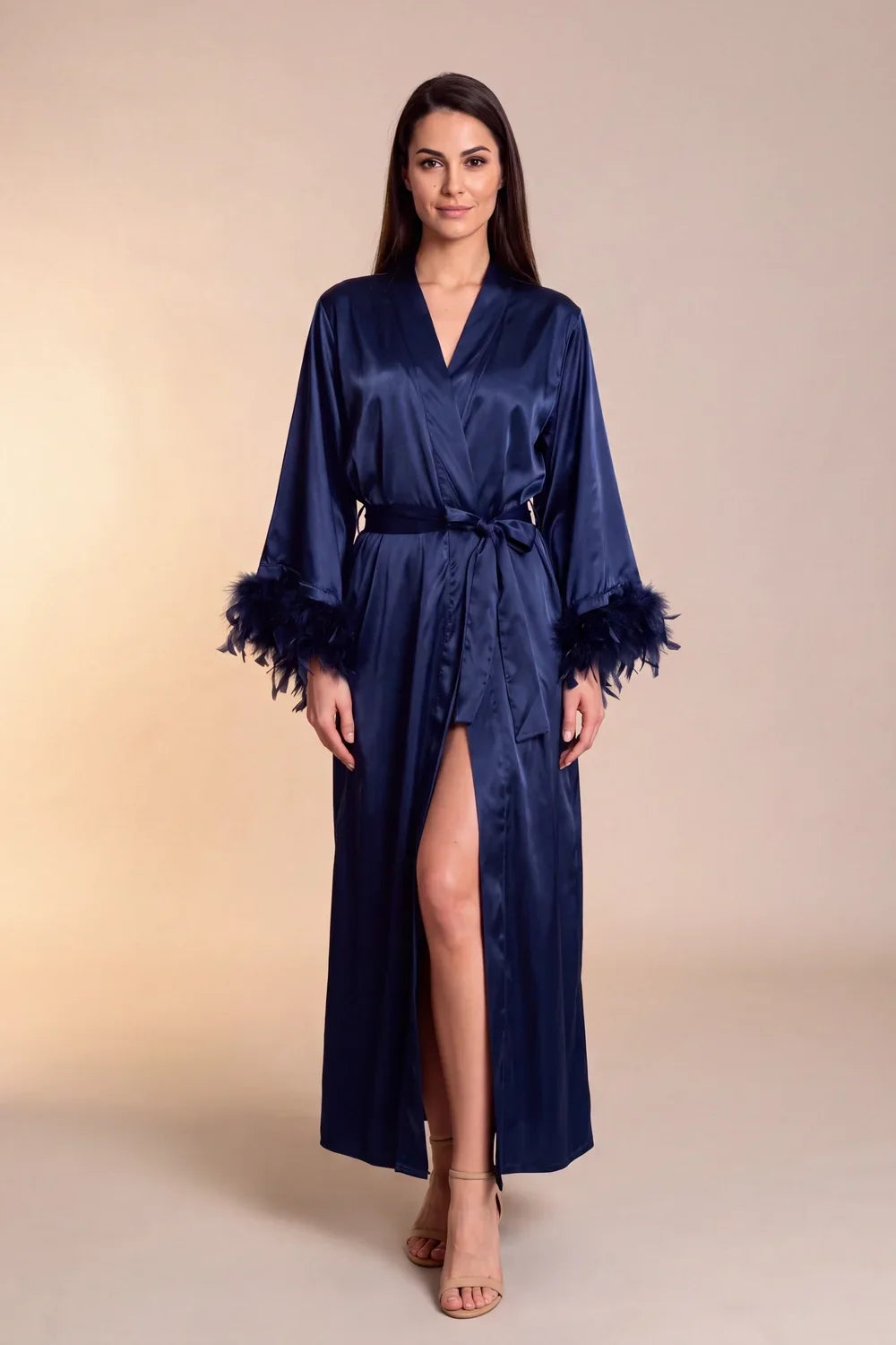 Celiana long satin kimono robe, dark navy satin, tie belt, feather cuffs, thigh-high slit