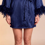 Celiana satin kimono robe skirt front, tie belt detail, feather-trimmed cuffs, dark navy