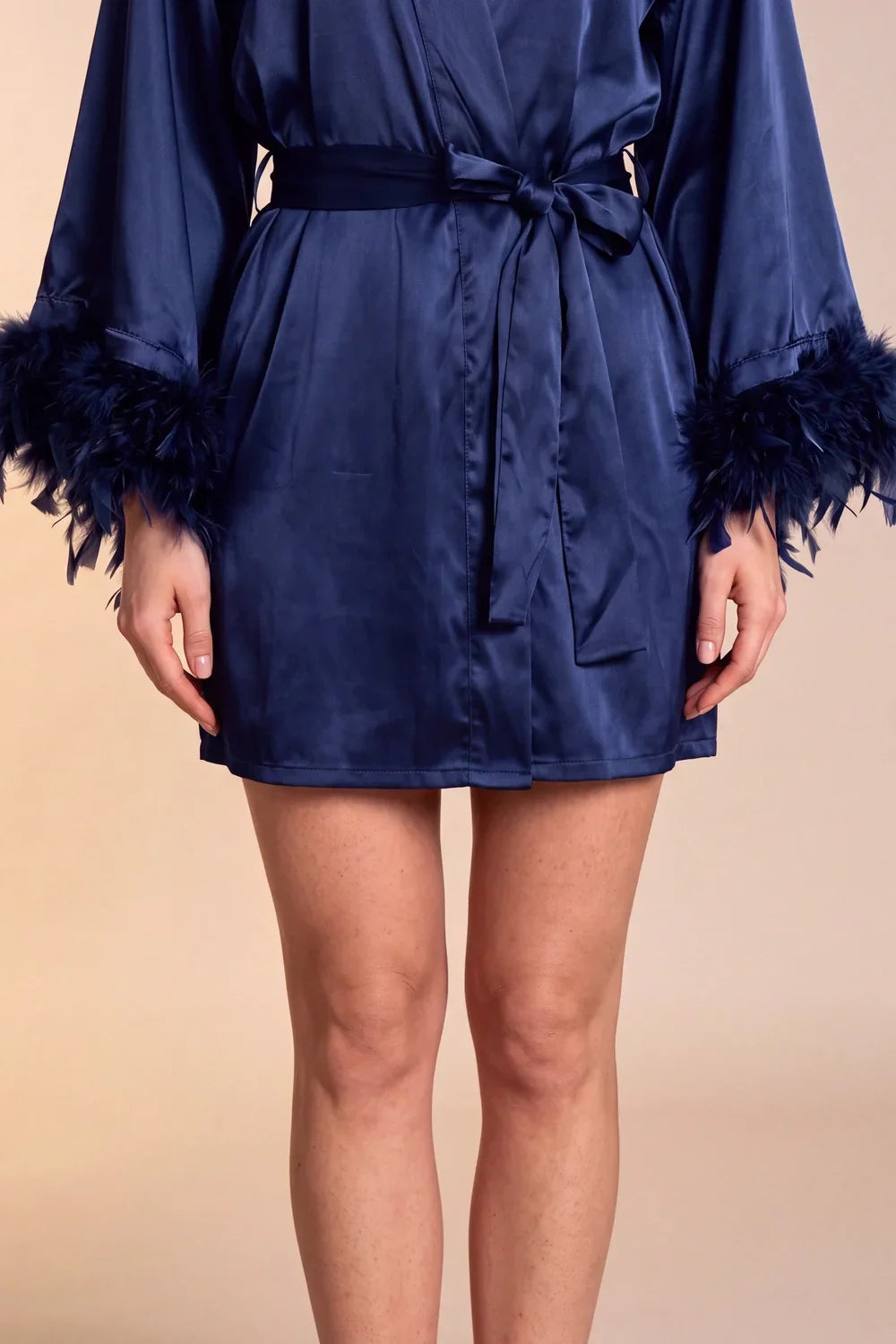 Celiana satin kimono robe skirt front, tie belt detail, feather-trimmed cuffs, dark navy