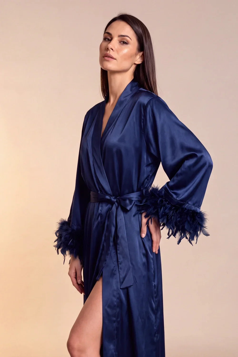 Celiana long satin kimono robe side view, dark navy satin, tie belt, feather-trim cuffs