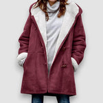 Winter hooded jacket with soft lining, deep burgundy, sherpa hood lining and toggles