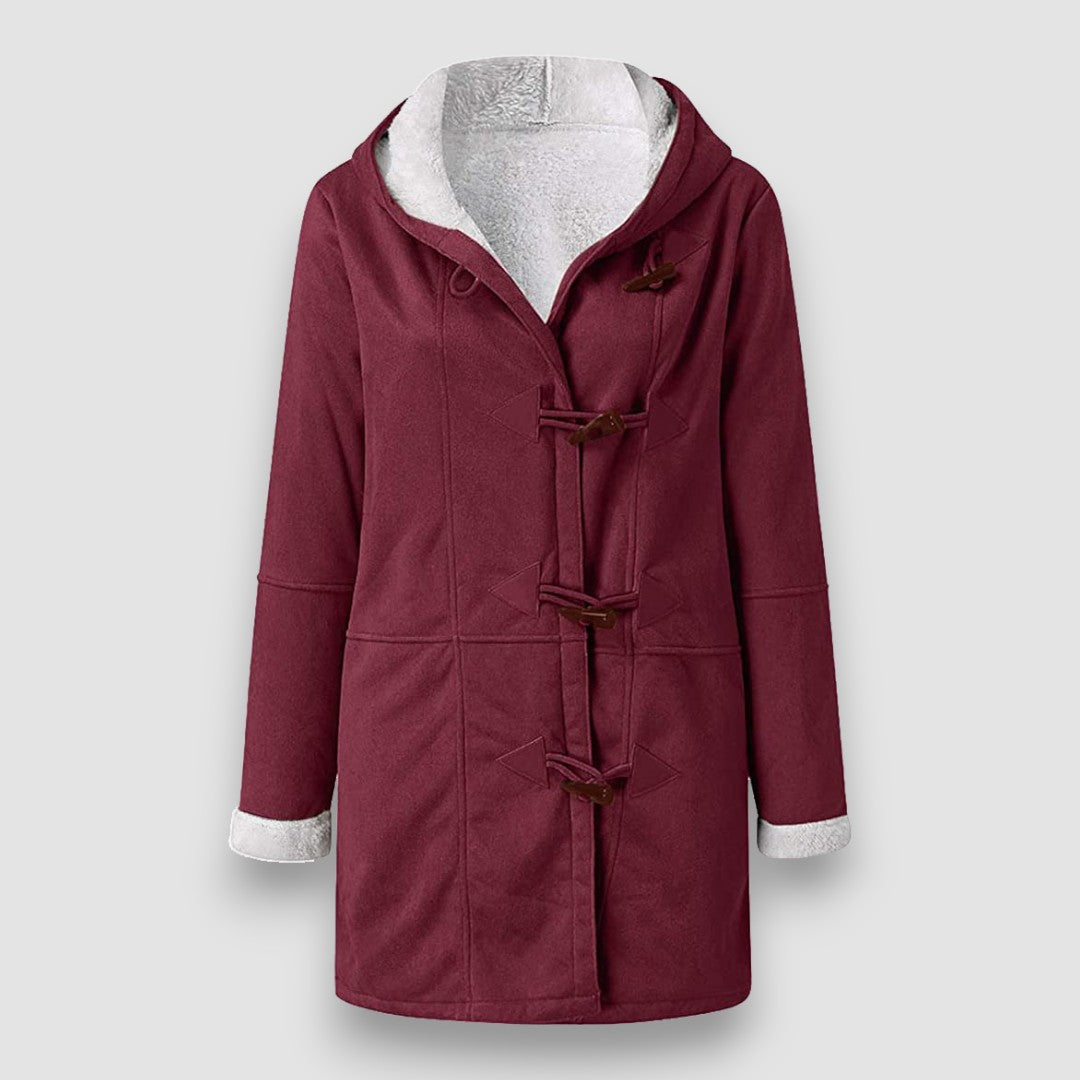 Winter hooded jacket with soft lining, burgundy back view with toggle closures and sherpa cuffs