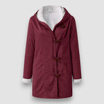 Winter hooded jacket with soft lining, burgundy back view with toggle closures and sherpa cuffs
