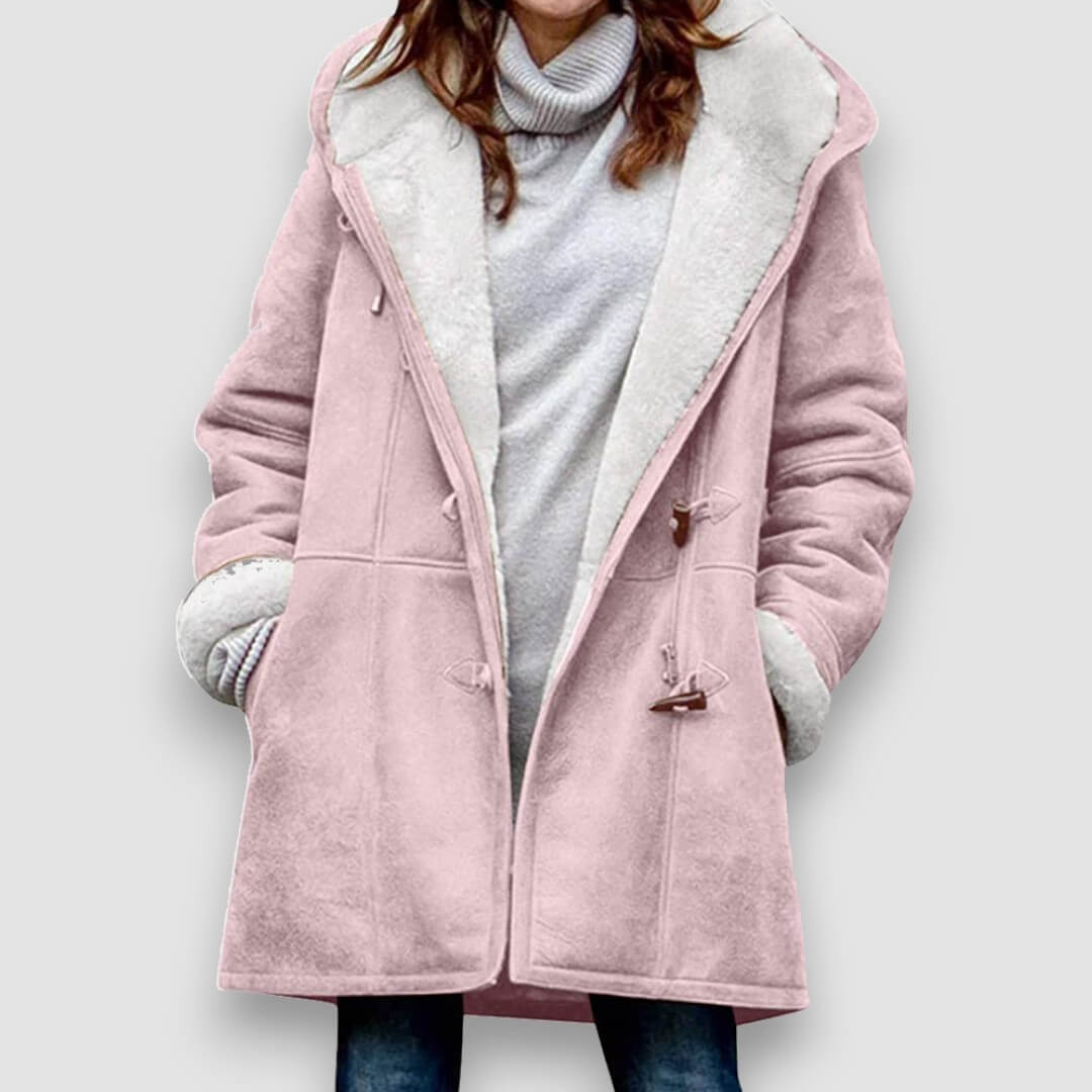 Winter hooded jacket with soft lining, light mauve-pink, sherpa hood lining and toggles