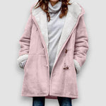 Winter hooded jacket with soft lining, light mauve-pink, sherpa hood lining and toggles