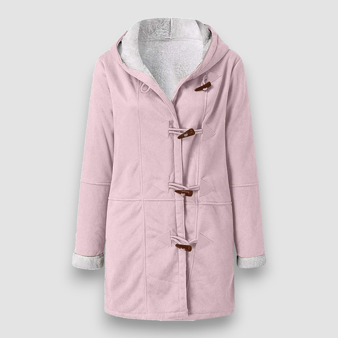 Winter hooded jacket with soft lining, dusty pink, toggle front and sherpa-lined hood