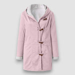 Winter hooded jacket with soft lining, dusty pink, toggle front and sherpa-lined hood