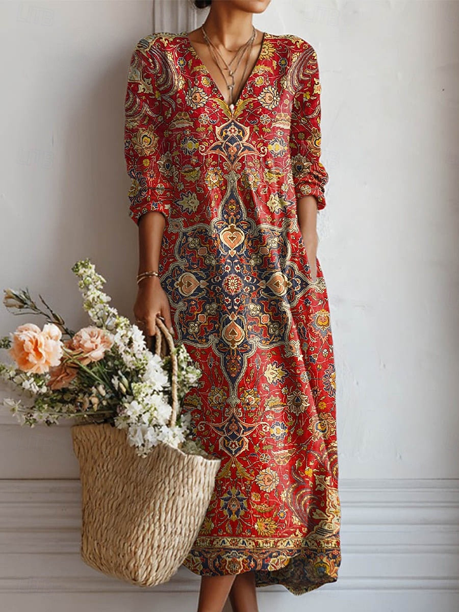 Diva daily comfort dress, V-neck, long sleeves, red paisley print midi length
