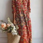 Diva daily comfort dress, V-neck, long sleeves, red paisley print midi length